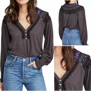 Free People SIESTA embroidered henley long sleeve